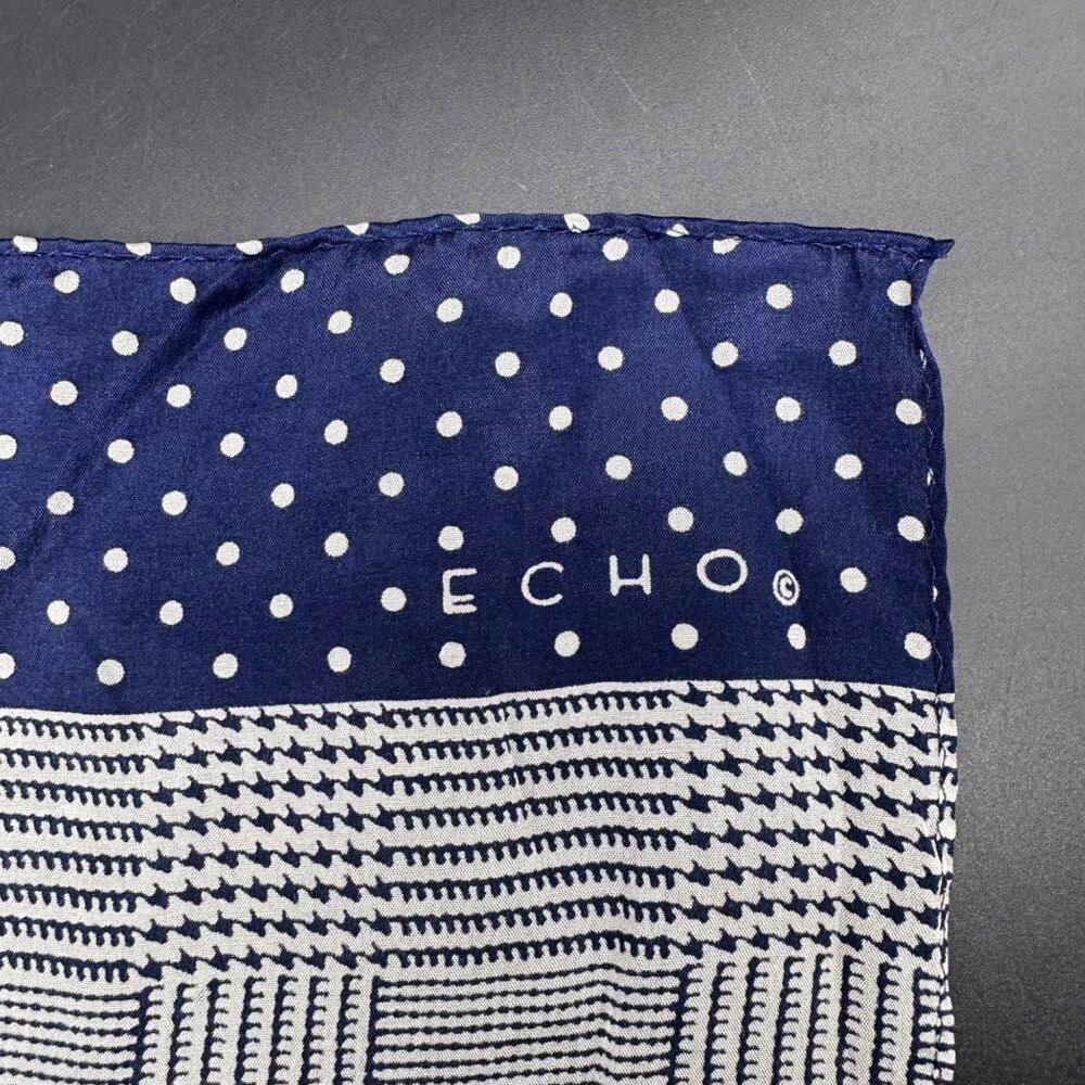 Vintage Long Scarf Echo Navy Blue White Houndstooth Plaid Polka Dot Retro - Picture 3 of 6